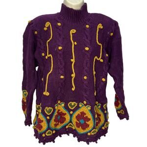 Vintage Rebecca Stone Chunky Knit Sweater Size L Purple Floral Embroidered Mock